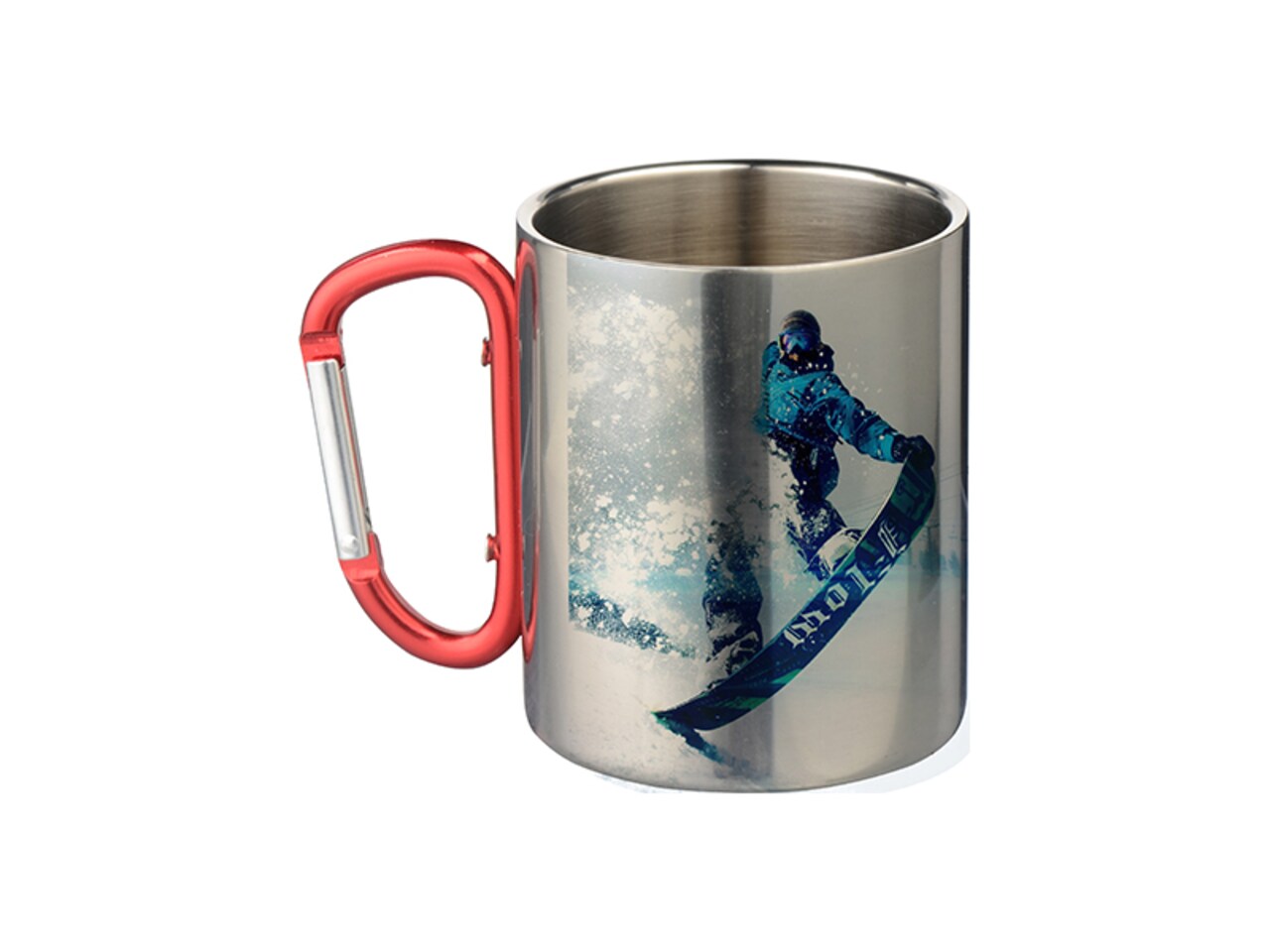 300ml Stainless Steel Mug w/ Red Carabiner Handle Silver